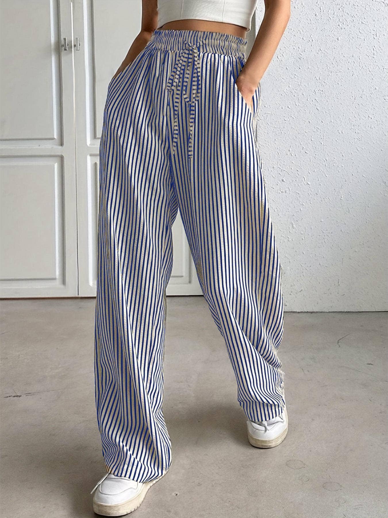 Striped slacks straight leg pants