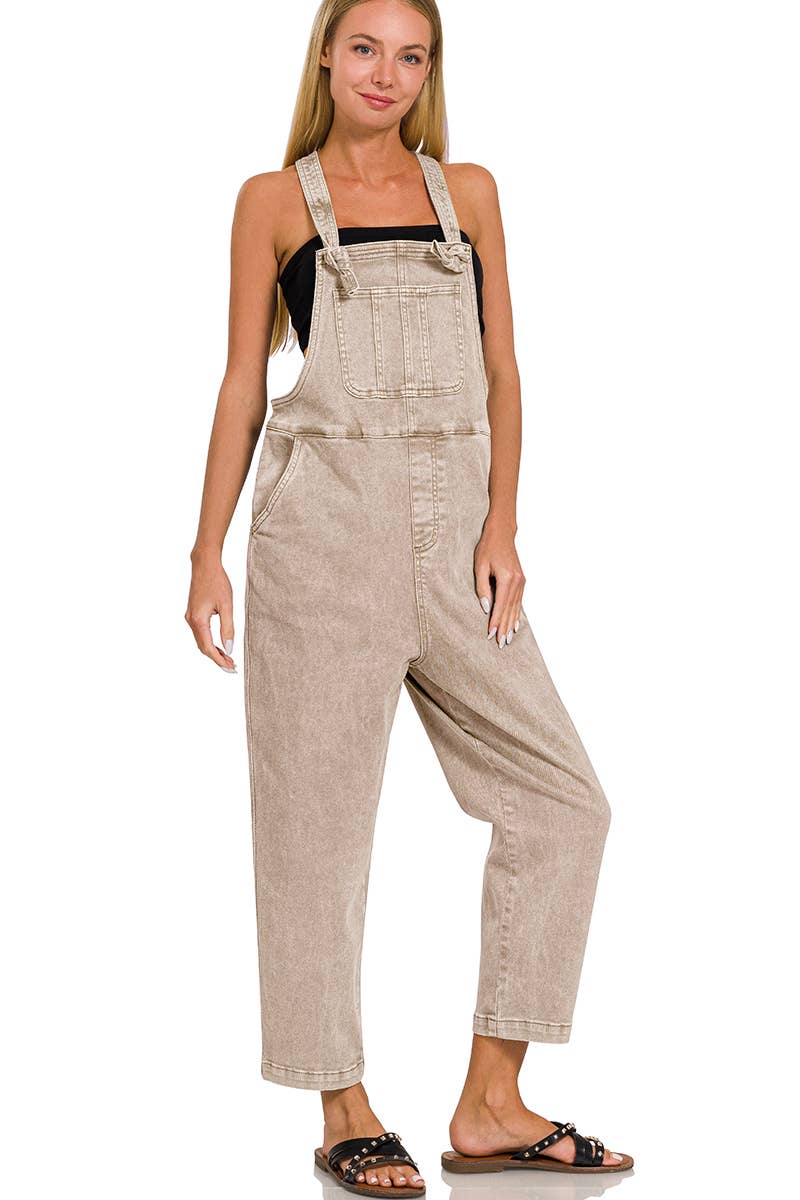 ',._ Washed Knot Strap Relaxed Fit Denim Overalls