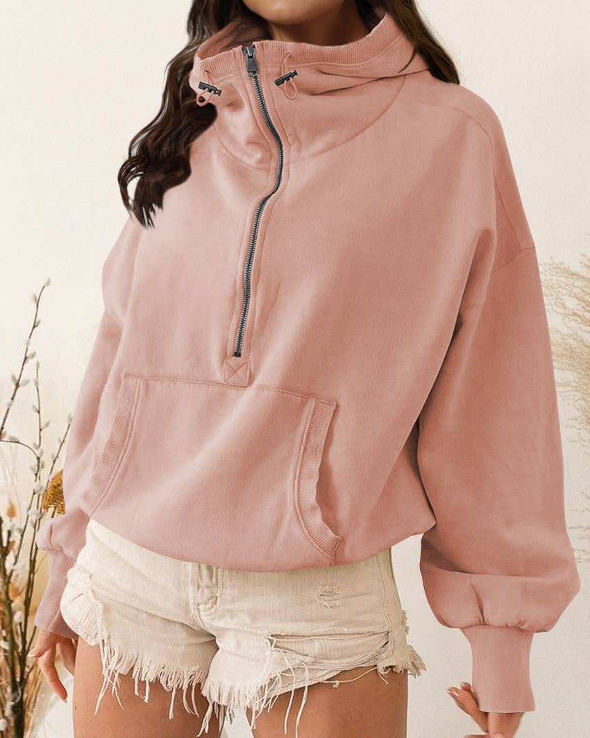 Ladies Long Sleeves Zip Collar Pocket Hoodie EWQD