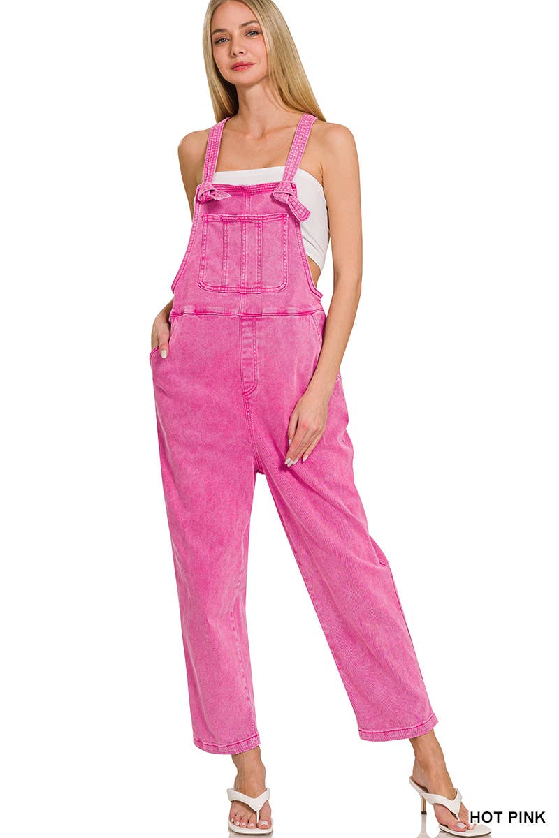 ',._ Washed Knot Strap Relaxed Fit Denim Overalls