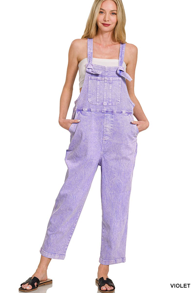 ',._ Washed Knot Strap Relaxed Fit Denim Overalls