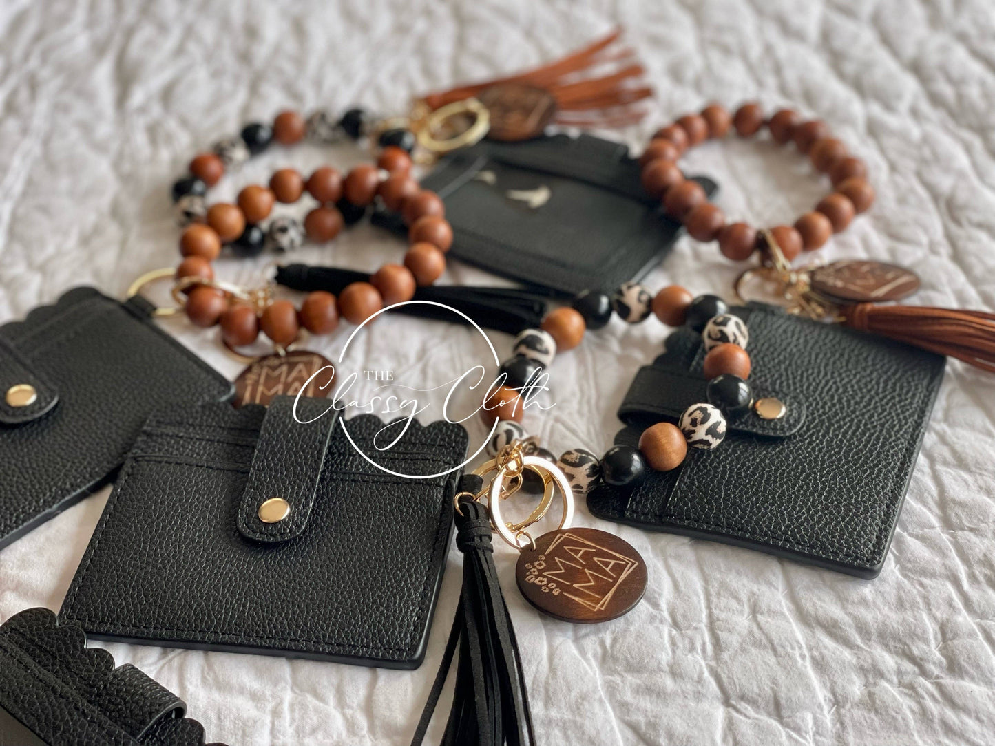 MAMA Wristlet Keychain Wallet- Solid Wood w/ Brwn Tassel RTS