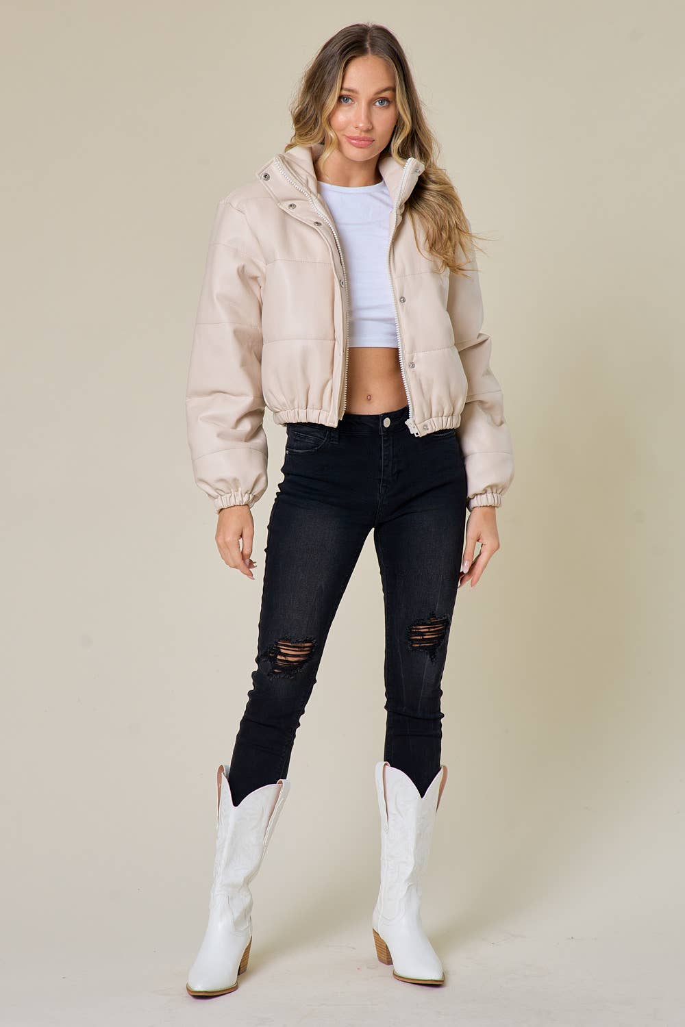 SIJ5169A CREAM FAUX LEATHER BUTTON/ZIPPER DOWN PUFFER JACKET