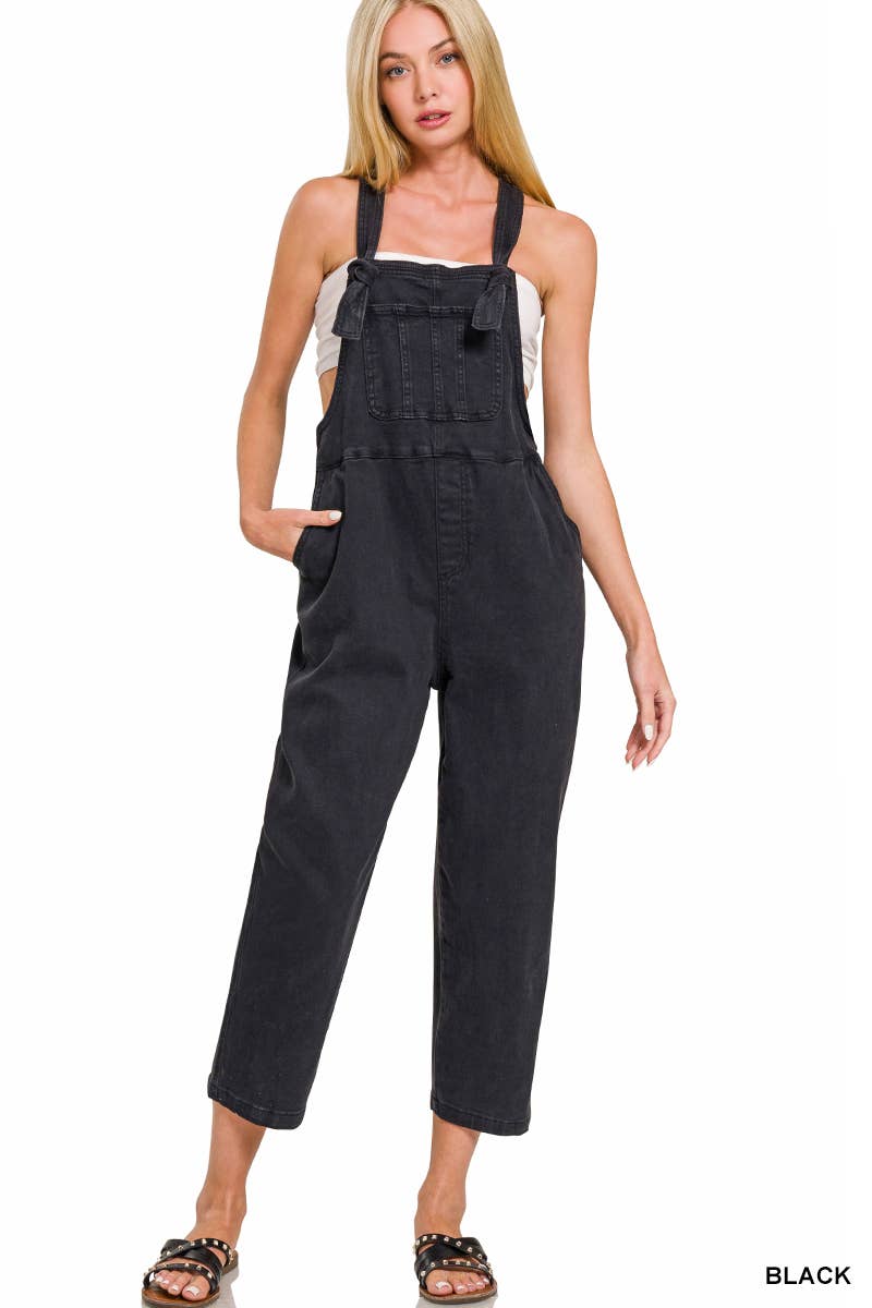 ',._ Washed Knot Strap Relaxed Fit Denim Overalls