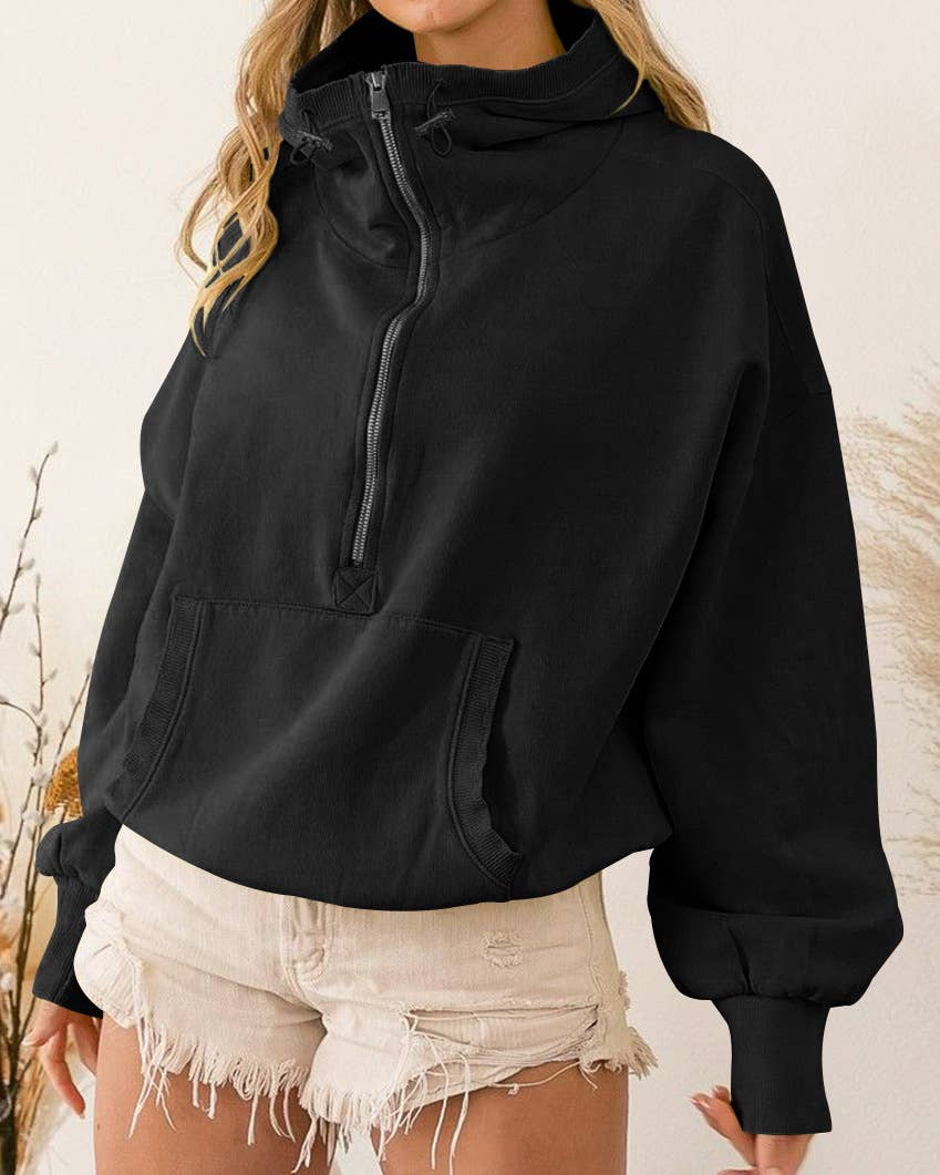 Ladies Long Sleeves Zip Collar Pocket Hoodie EWQD