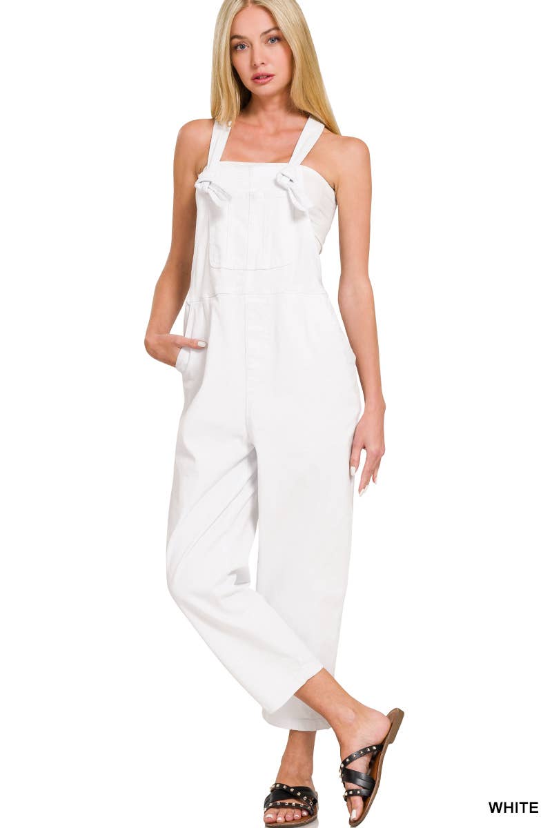 ',._ Washed Knot Strap Relaxed Fit Denim Overalls