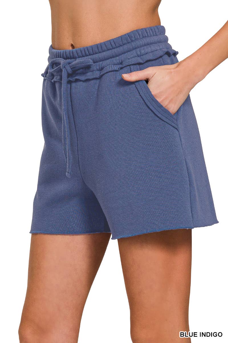 `.Fleece Raw Hem Shorts With Drawstring & Pockets