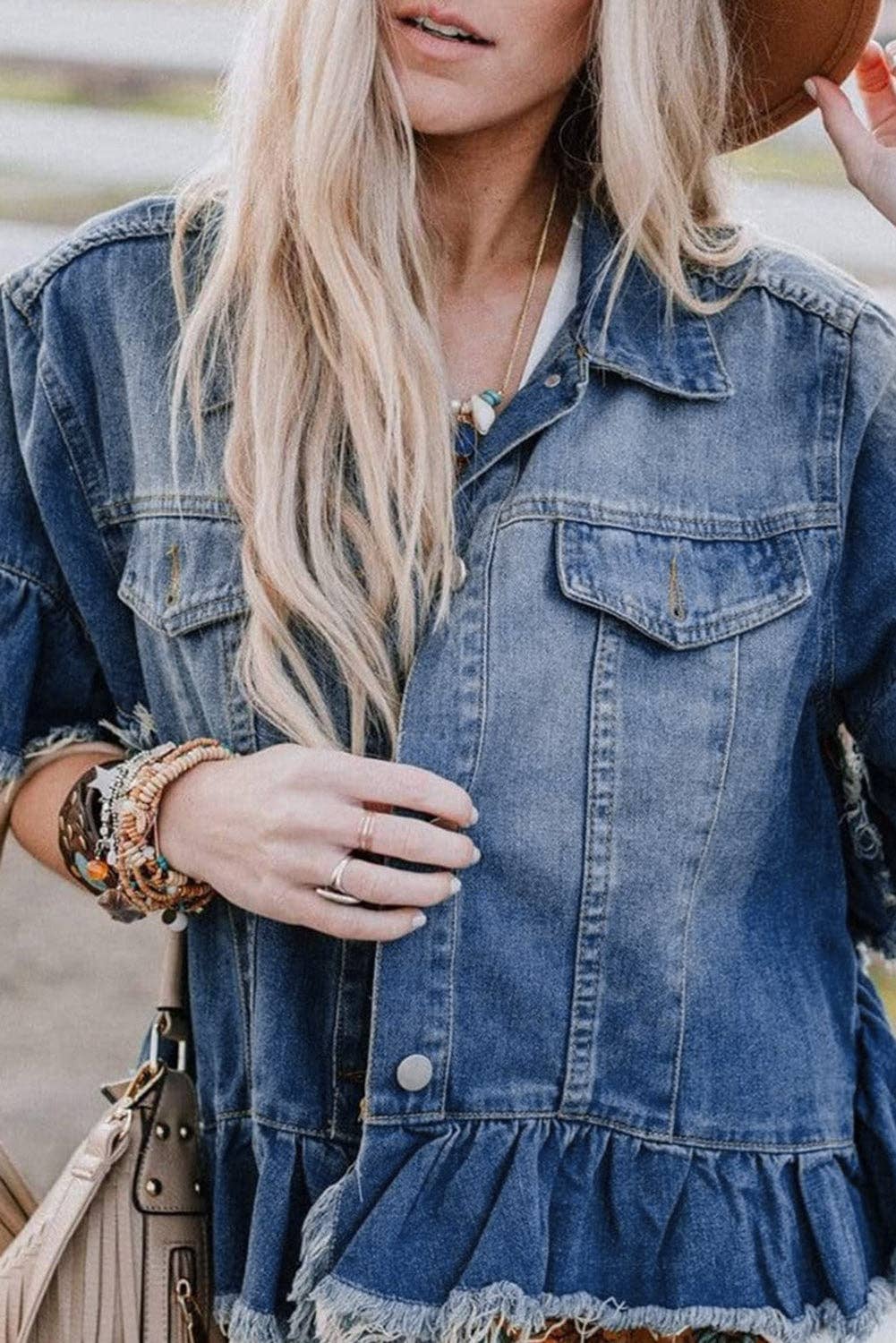 Denim Ruffle Raw Edge Jacket Watermelon Moonshine Boutique