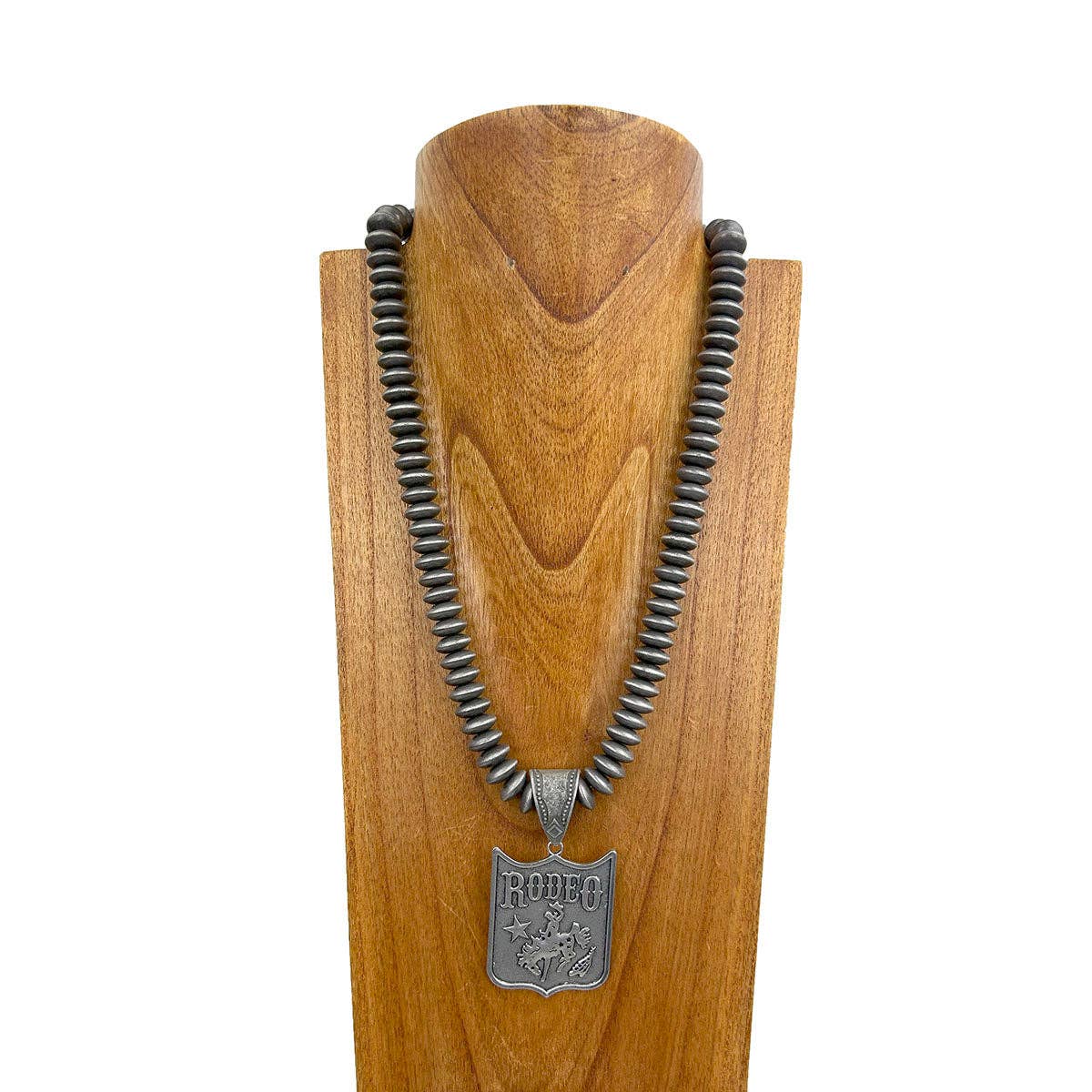 NKY250121-79 24 inches silver Navajo pearl beads with silver metal Rodeo pendant Necklace