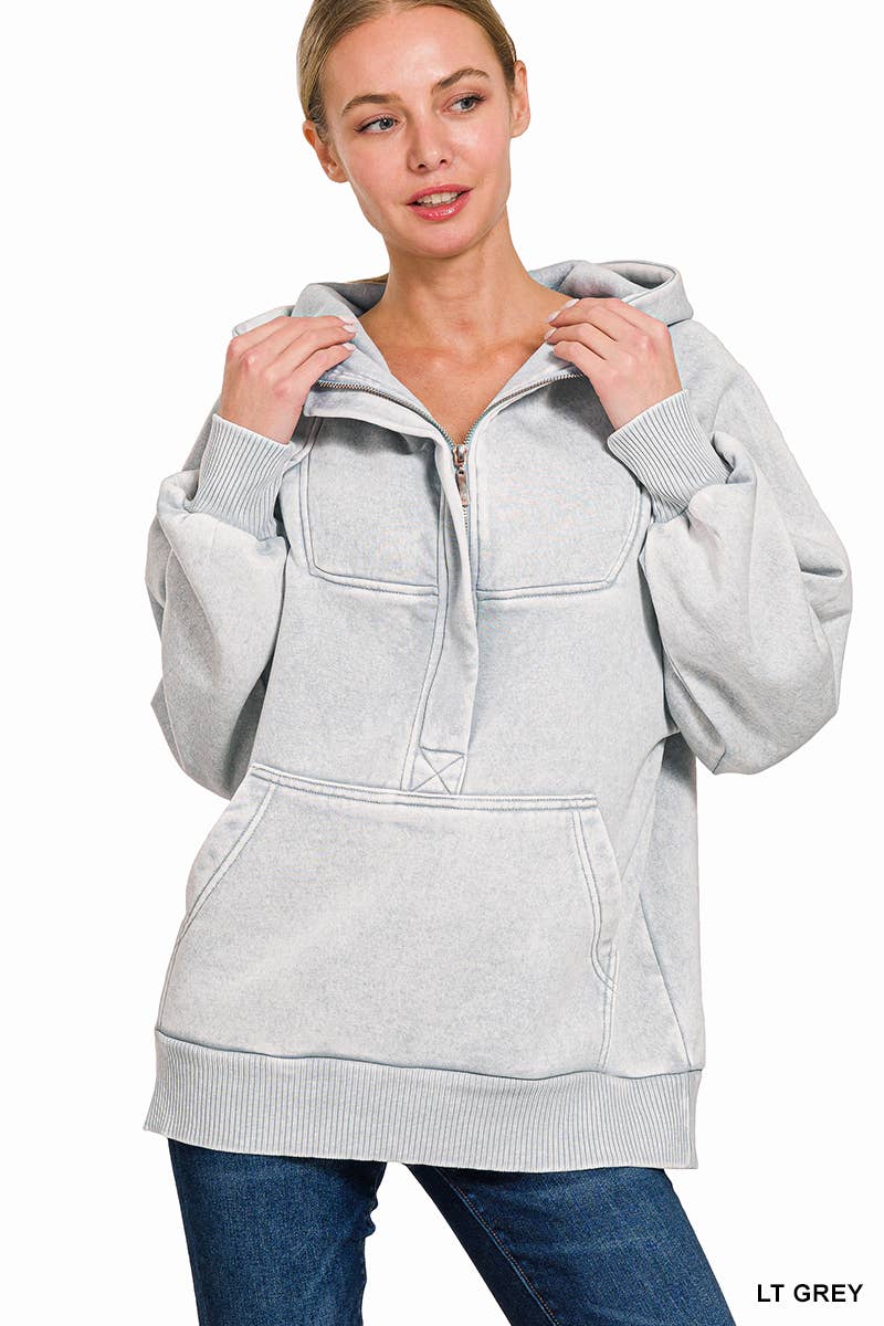.SI-25317 Washed Fleece Oversized 1/4 Zip Hoodie