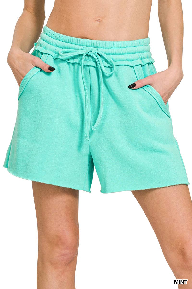 `.Fleece Raw Hem Shorts With Drawstring & Pockets