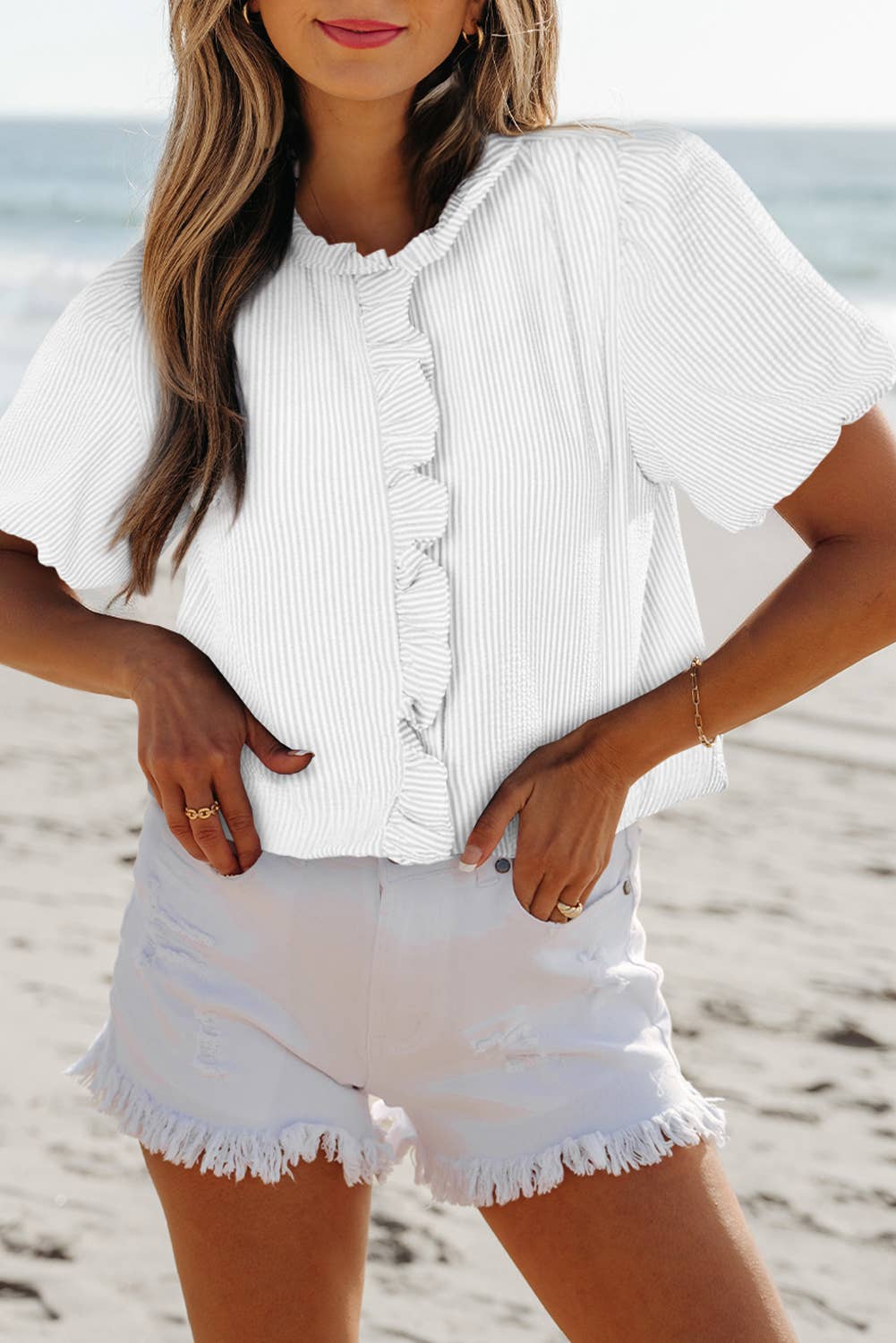 Texture Striped Ruffled Detail Shirt | S-XL