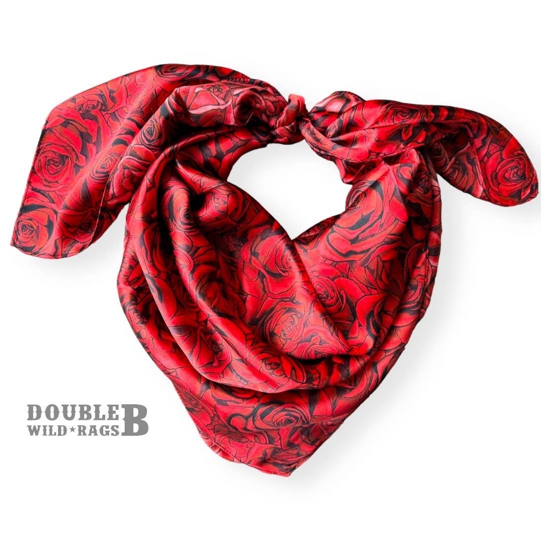 Wild Rag 100% SILK Red and Black Roses Western Neck Scarf Bandanna by Double B Wild Rags