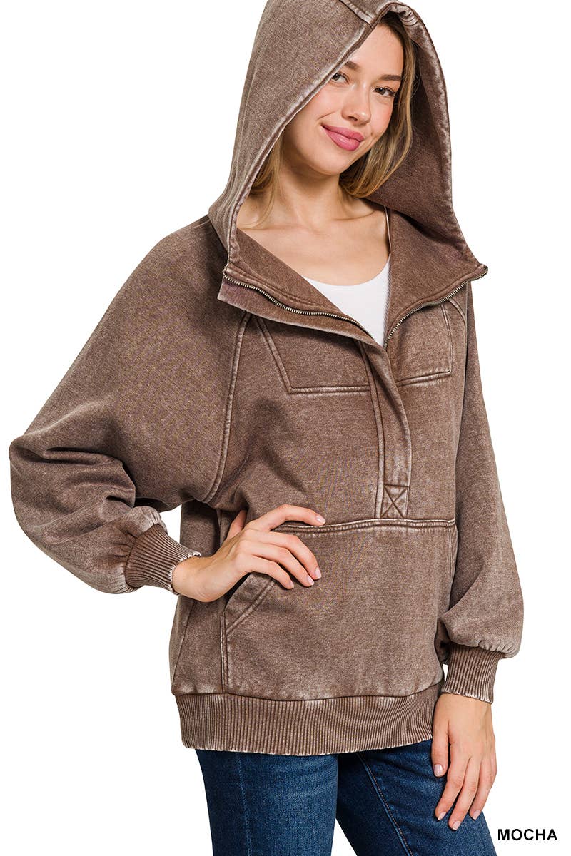 .SI-25317 Washed Fleece Oversized 1/4 Zip Hoodie