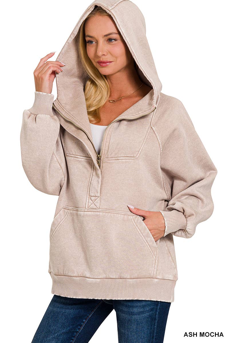 .SI-25317 Washed Fleece Oversized 1/4 Zip Hoodie