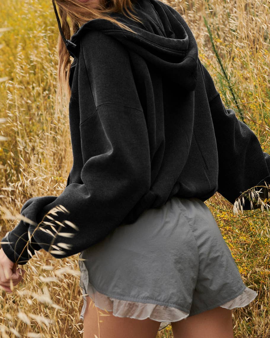 Ladies Long Sleeves Zip Collar Pocket Hoodie EWQD