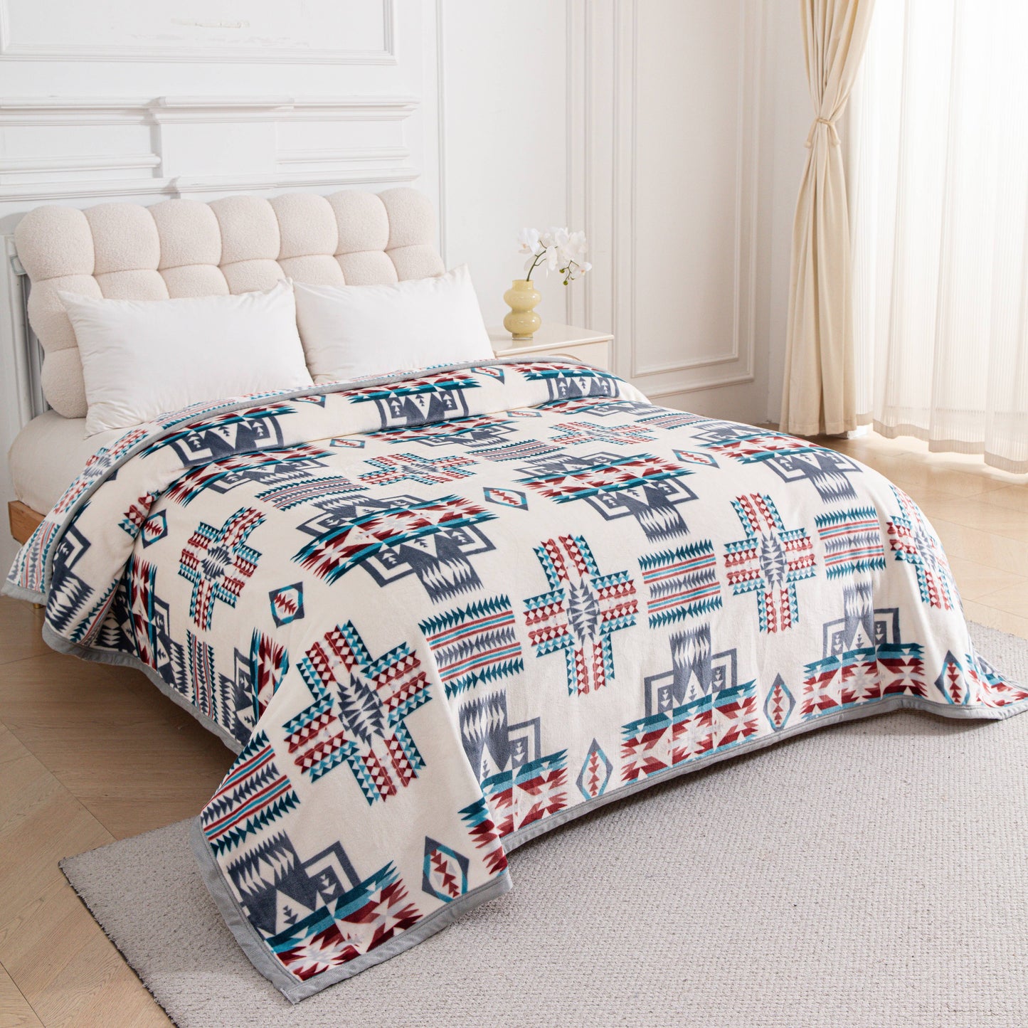 White & Blue Southwest Aztec King Size Super Plush Blanket