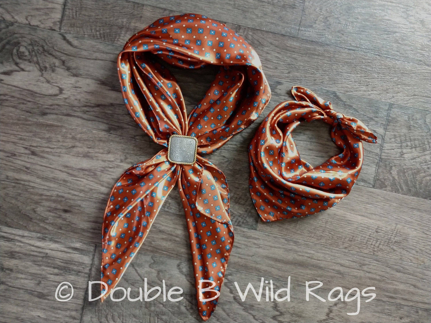 WILD RAG Blue Motif on Burnt Orange Cowboy Western Neck Scarf Bandanna by Double B Wild Rags