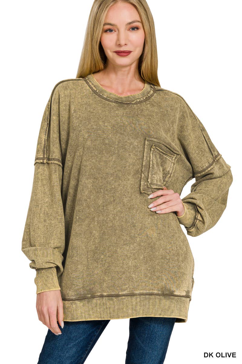 French terry washed pullover w/ side pocket