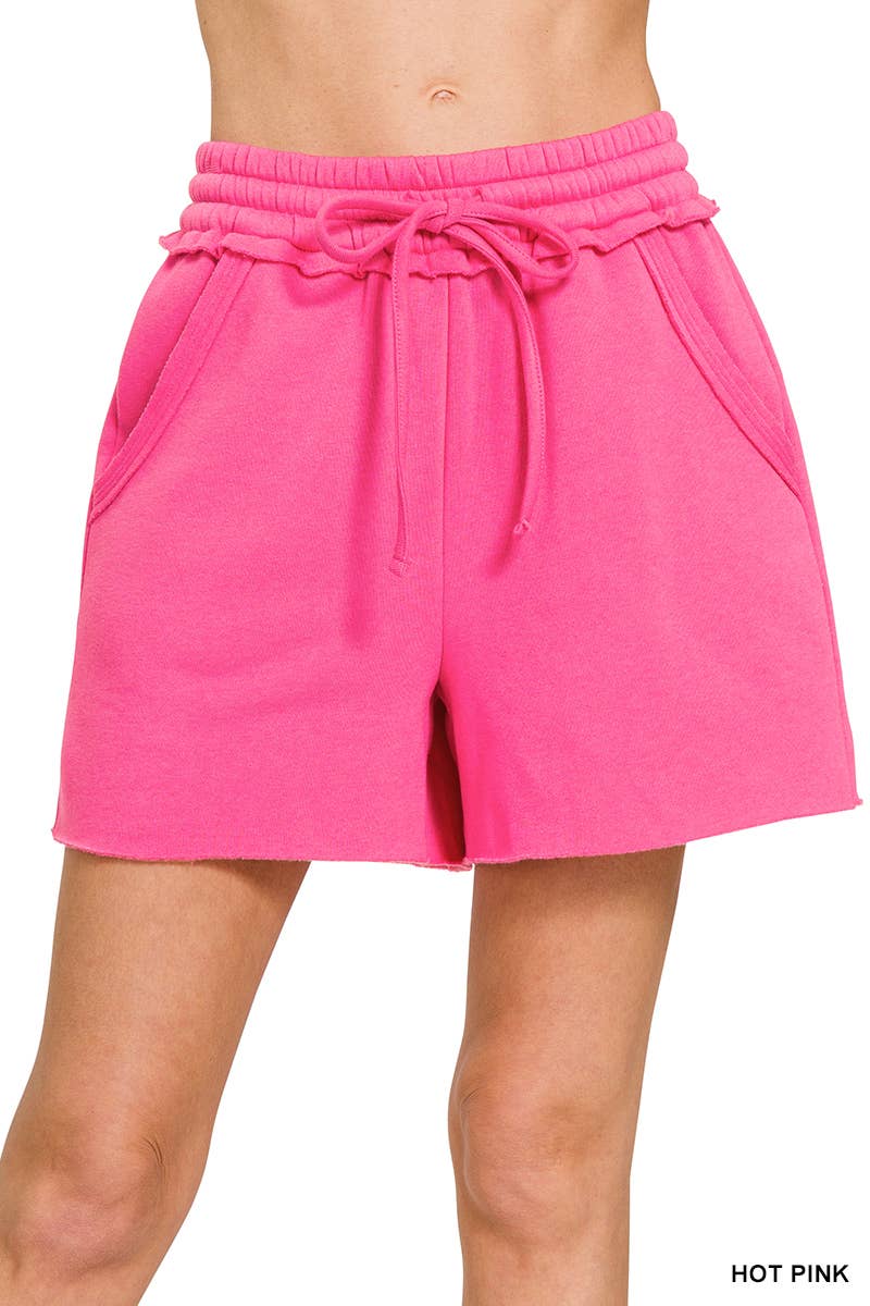 `.Fleece Raw Hem Shorts With Drawstring & Pockets