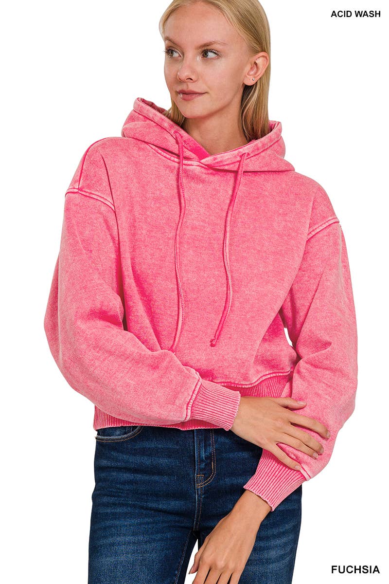 ...._ SI-25094 Acid Wash Fleece Cropped Hoodie