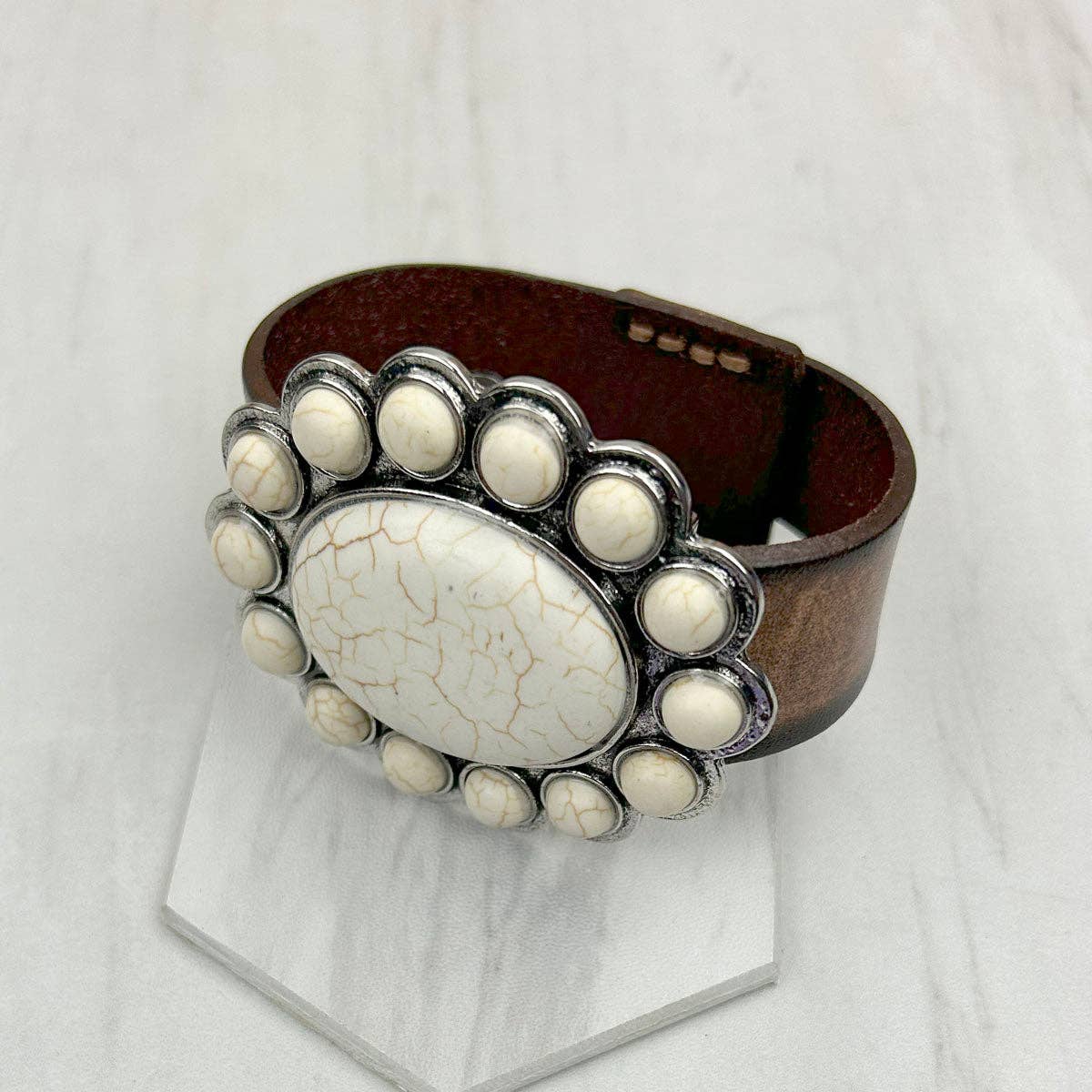 Brown leather with large blue turquoise stone oval concho bracelet