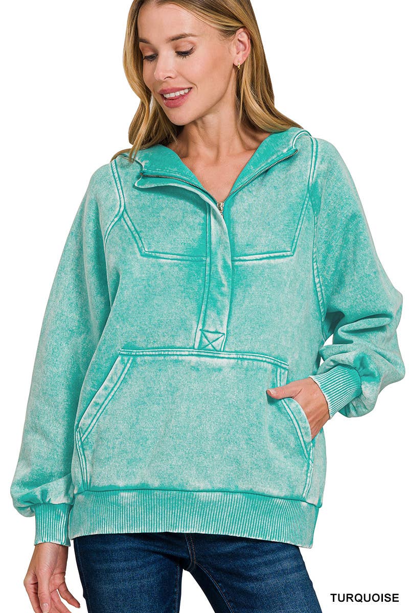 .SI-25317 Washed Fleece Oversized 1/4 Zip Hoodie