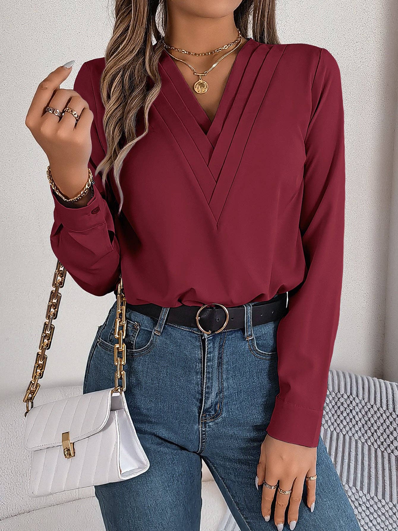 Solid Color Stacked V-neck Long-sleeved Elegant Shirt