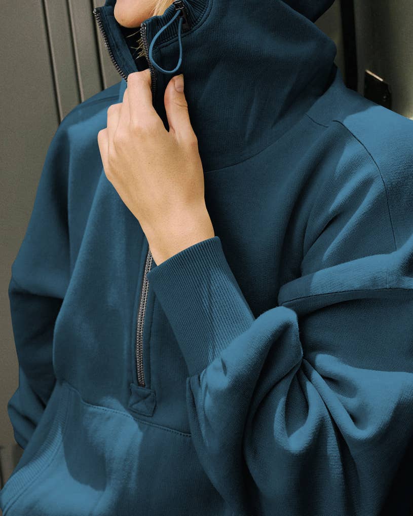 Ladies Long Sleeves Zip Collar Pocket Hoodie EWQD