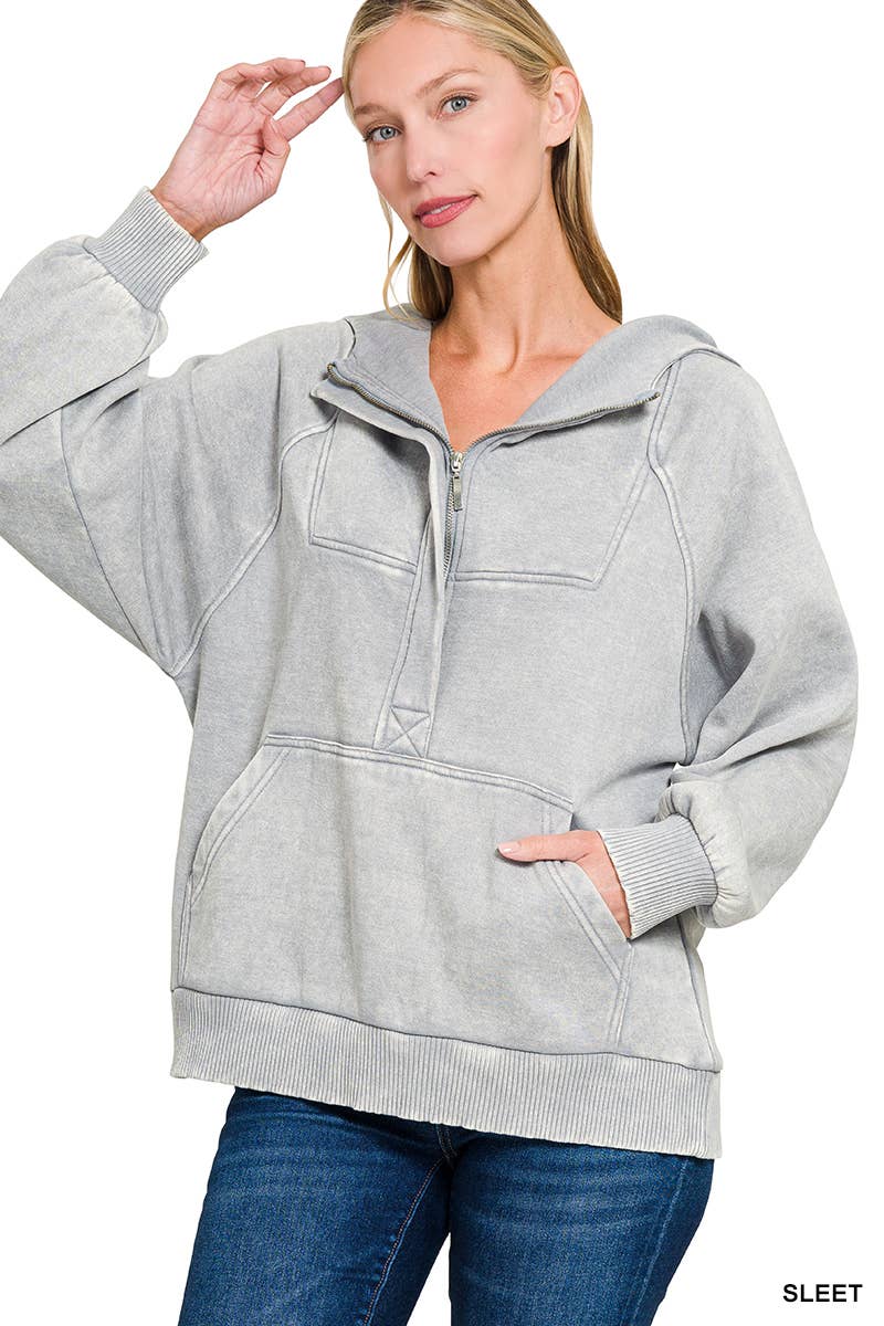 .SI-25317 Washed Fleece Oversized 1/4 Zip Hoodie