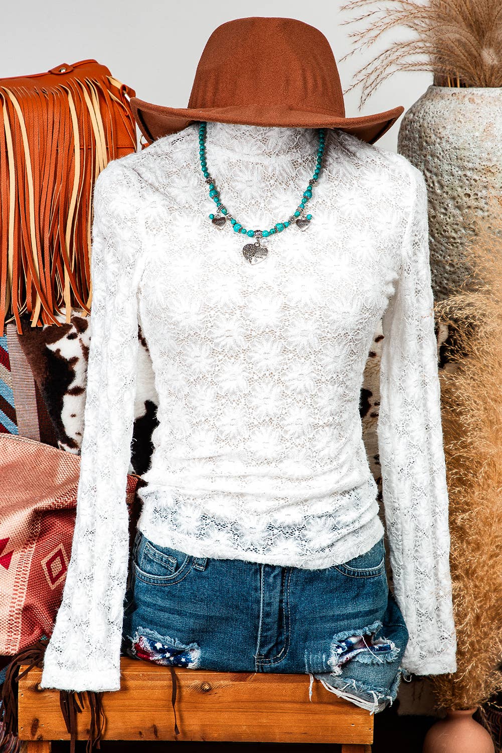 Fashion-W Floral Lace High Neck Long Sleeve Top