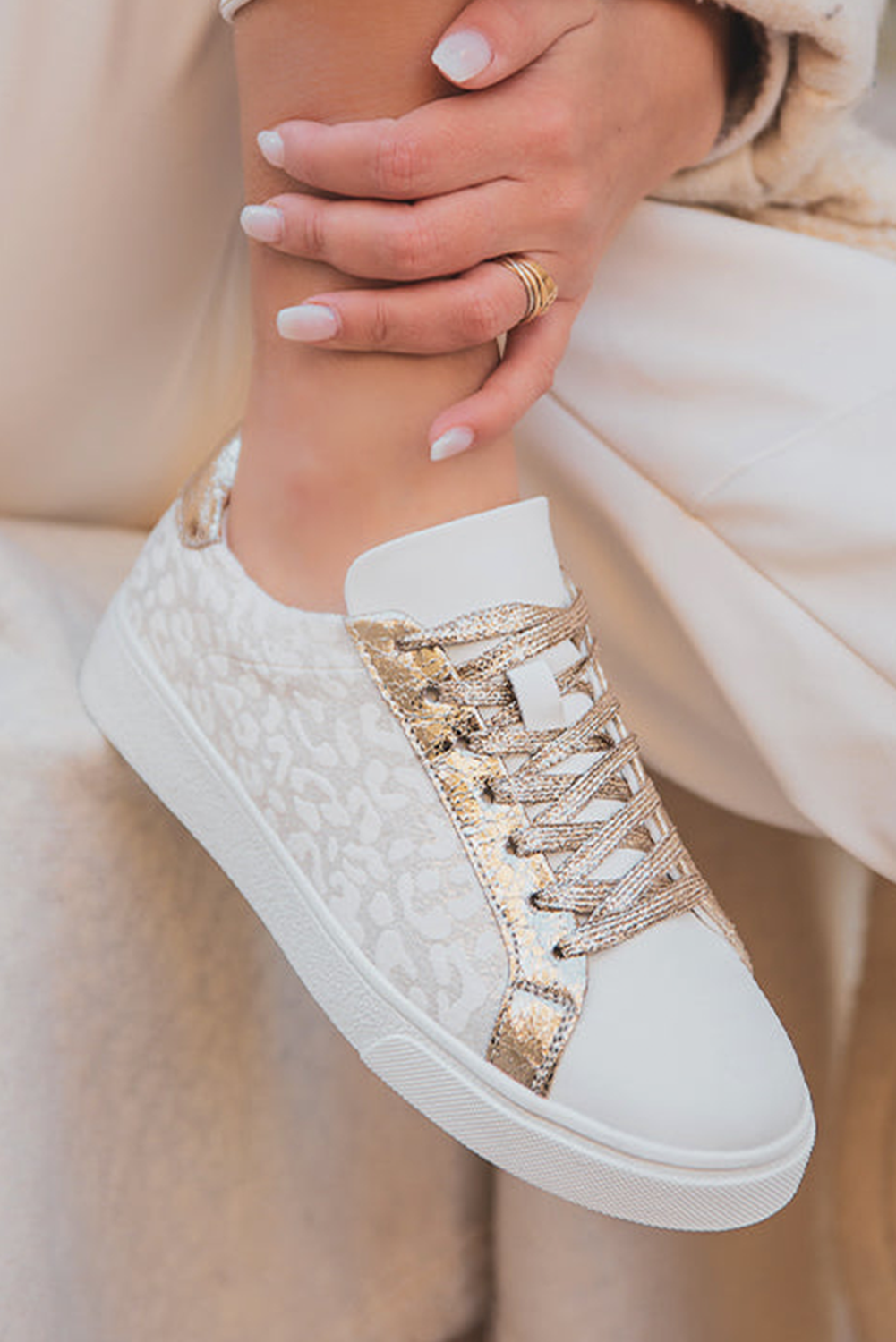 LDC Leopard Print Glitter Patched PU Leather Lace-up Shoes