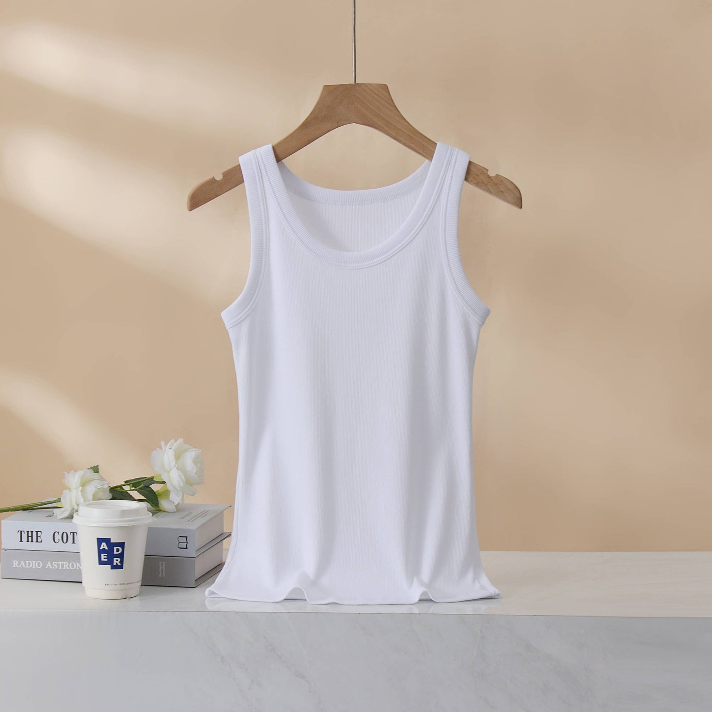 Base cotton round neck rib knit basic white tank top