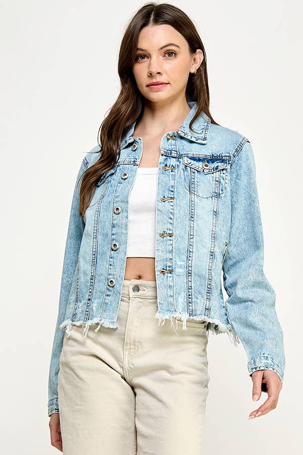 Ladies' Cropcut Denim Jacket with Distressed