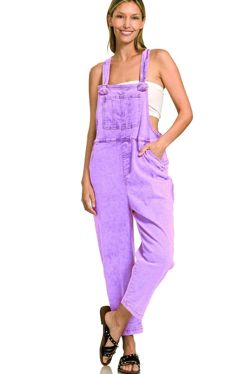',._ Washed Knot Strap Relaxed Fit Denim Overalls