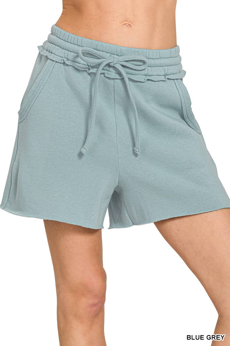 `.Fleece Raw Hem Shorts With Drawstring & Pockets