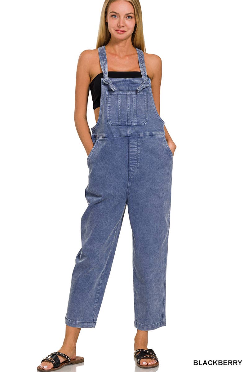 ',._ Washed Knot Strap Relaxed Fit Denim Overalls