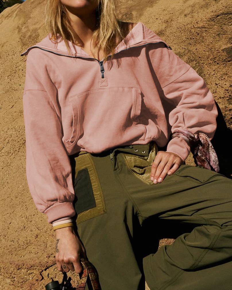 Ladies Long Sleeves Zip Collar Pocket Hoodie EWQD