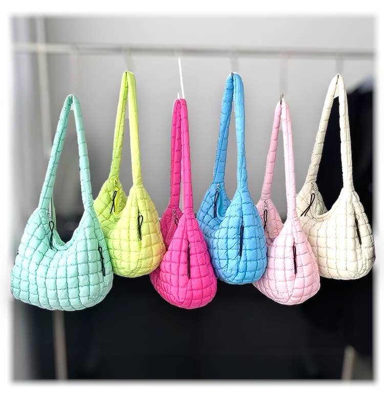 Quilted Puffer Shoulder Bags - Multiple Zip Feature