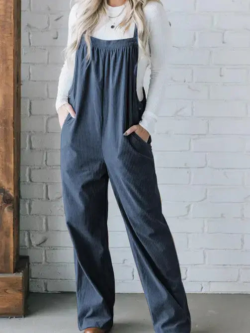 Gray Morn Solid Pocketed Loose Fit Corduroy Overall