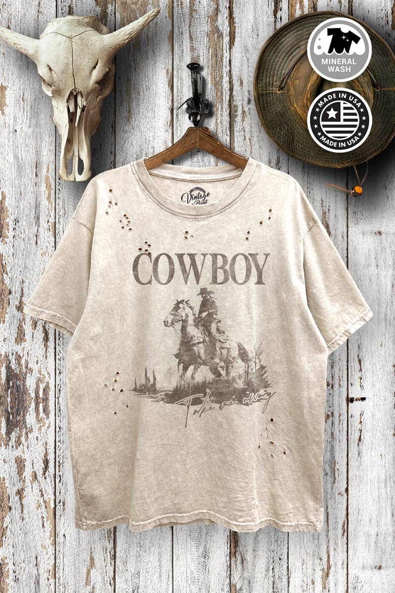 VGD710-P6090 - COWBOY GRAPHIC OVERSIZE DISTRESS T-SHIRT