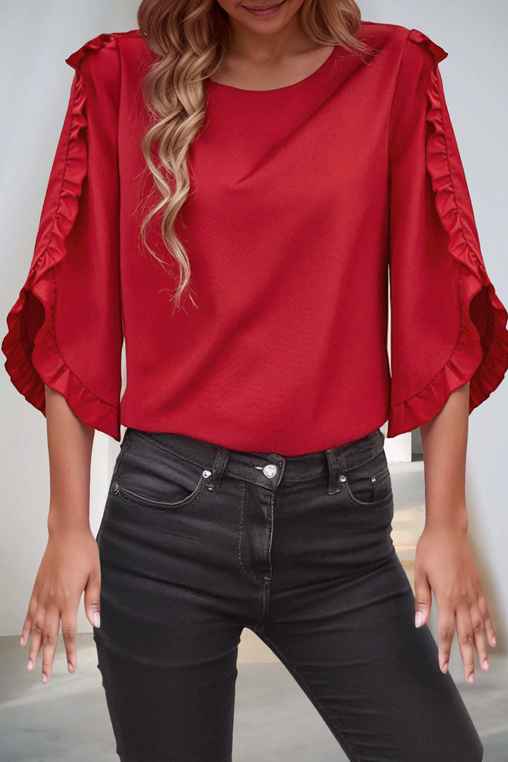 Frill Trim Plain Tulip Sleeve Blouse