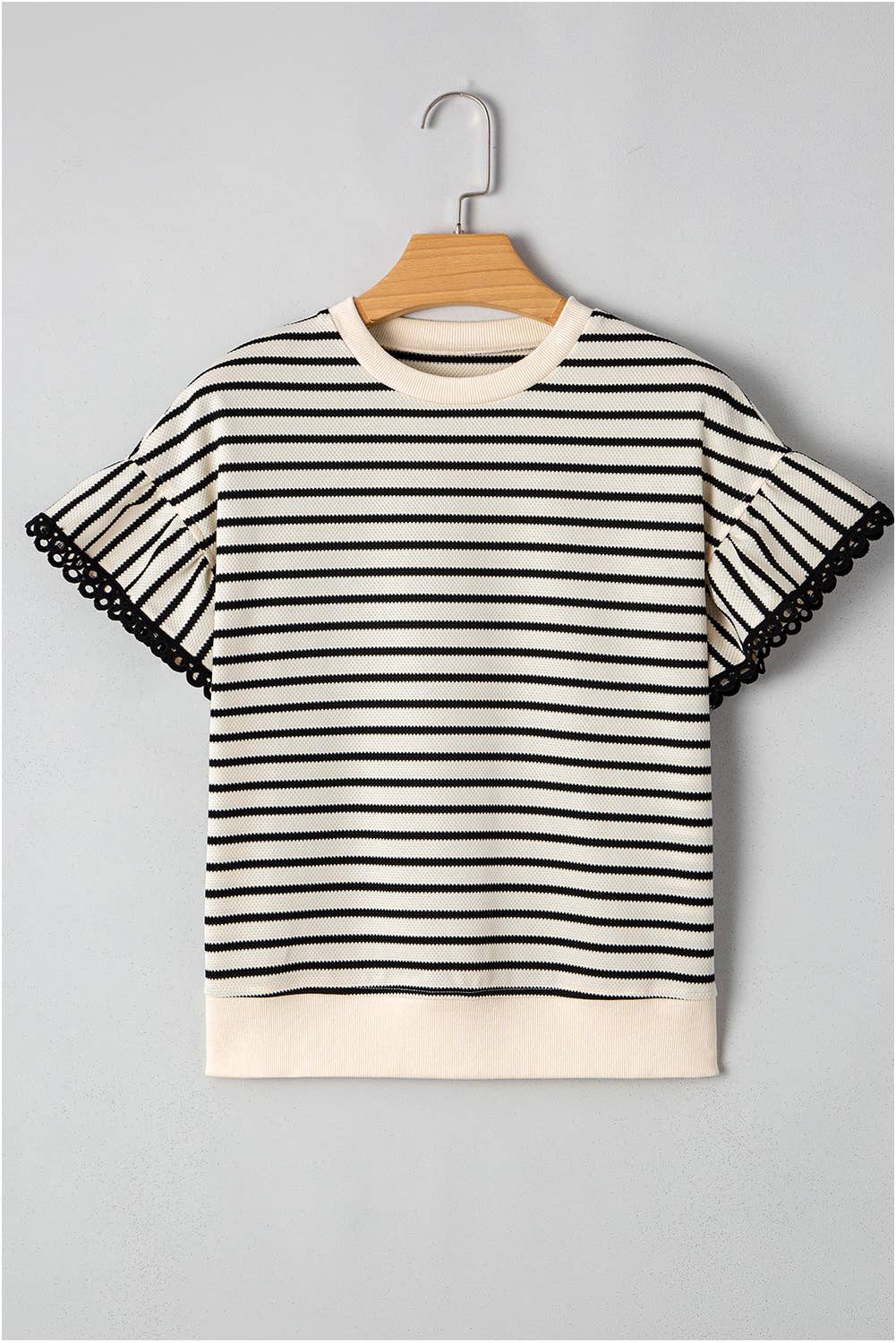 Striped Scallop Lace Trim Ruffle Sleeve Crewneck Top