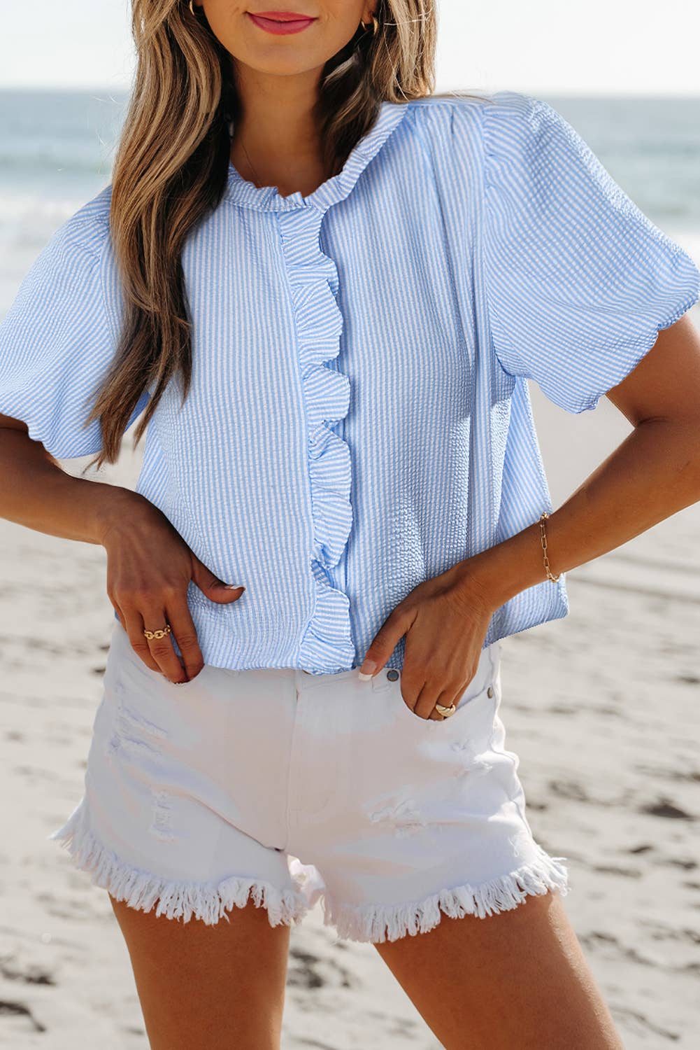 Texture Striped Ruffled Detail Shirt | S-XL