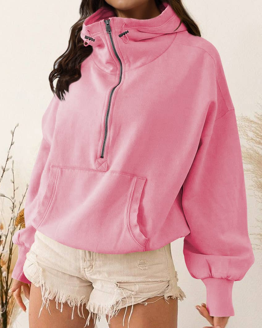 Ladies Long Sleeves Zip Collar Pocket Hoodie EWQD
