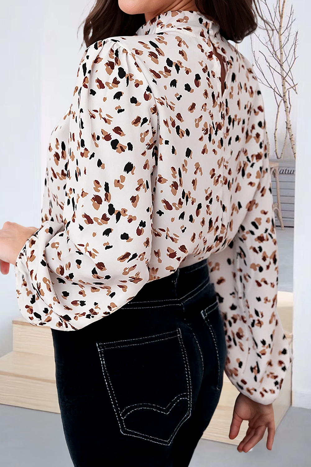 Leopard Print Lantern Sleeve Mock Neck Pleated Blouse