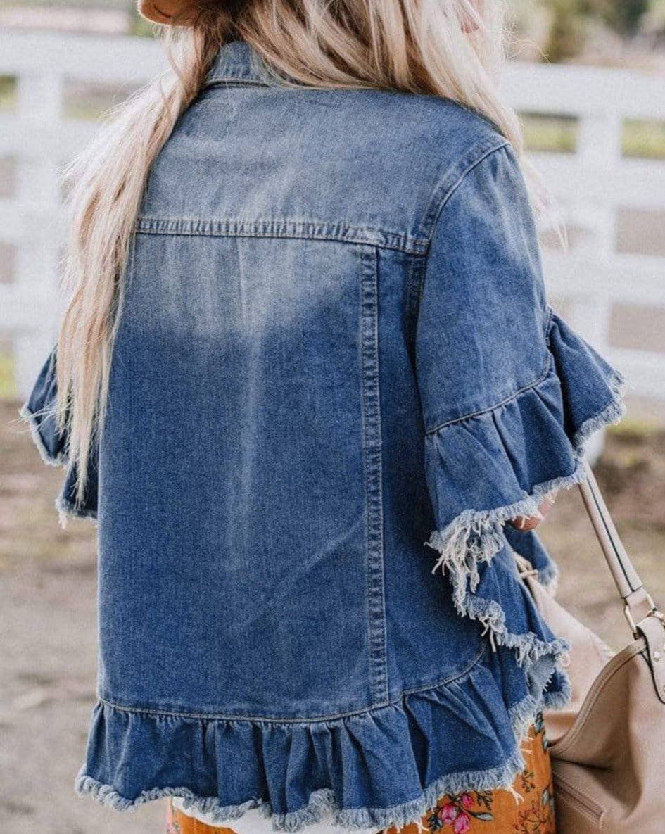 Denim Ruffle Raw Edge Jacket