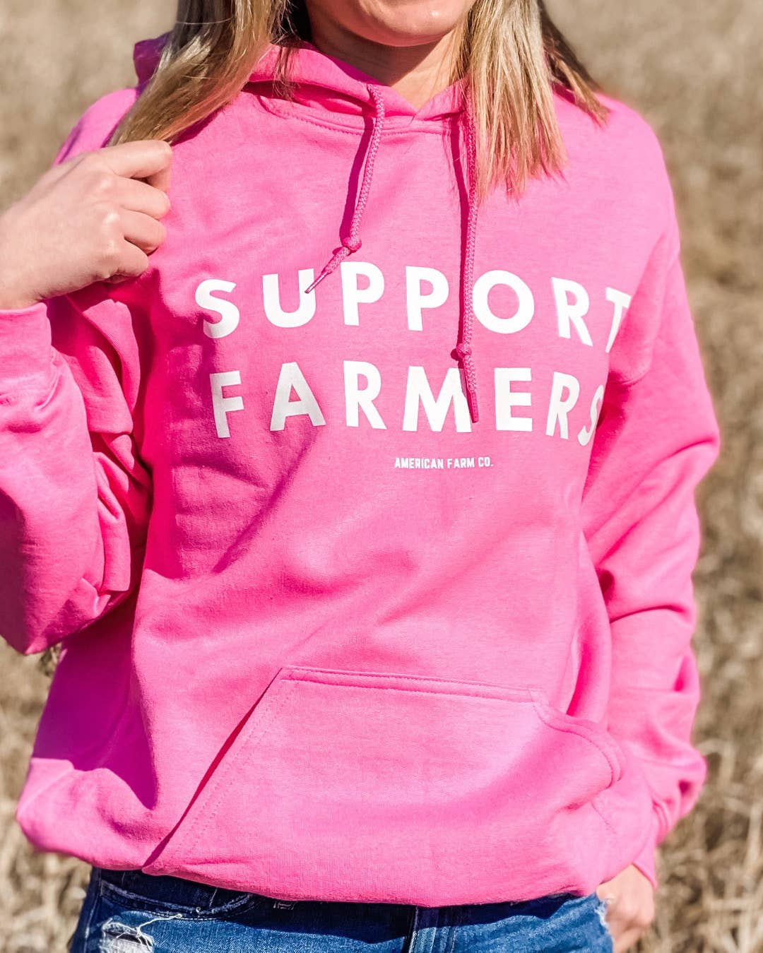 Western 'Support Farmers' Pink Graphic Hoodie