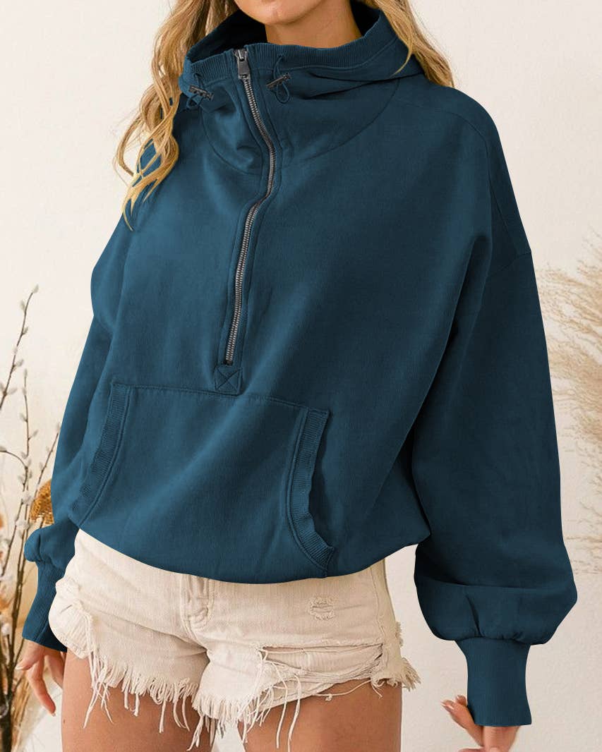 Ladies Long Sleeves Zip Collar Pocket Hoodie EWQD