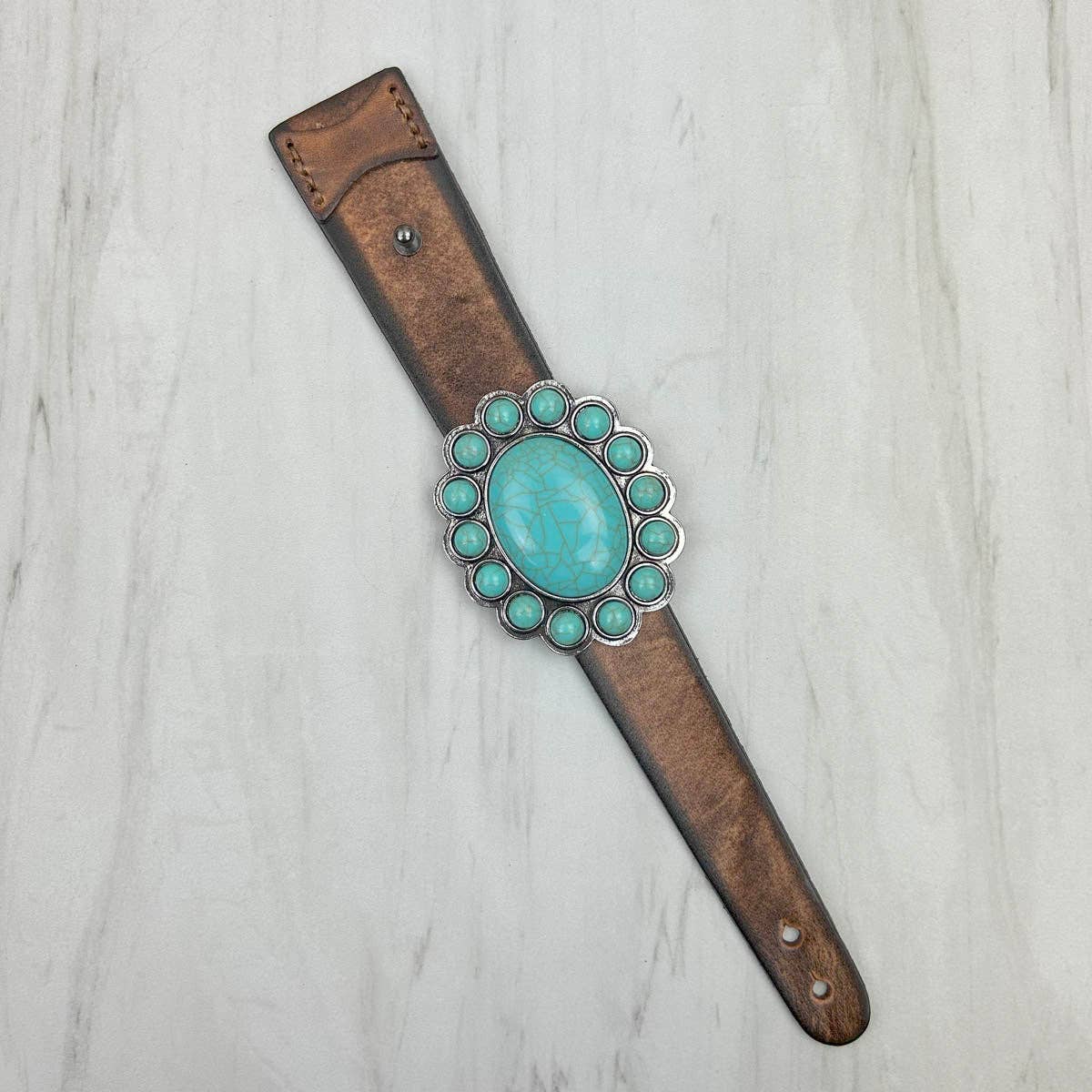 Brown leather with large blue turquoise stone oval concho bracelet